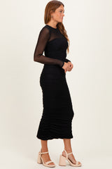 Black Mesh Ruched Long Sleeve Midi Dress
