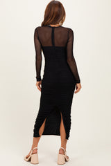 Black Mesh Ruched Long Sleeve Midi Dress