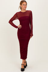 Burgundy Mesh Ruched Long Sleeve Midi Dress