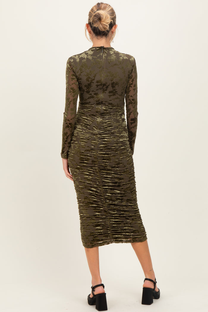 Olive Floral Velvet Mesh Ruched Maternity Midi Dress