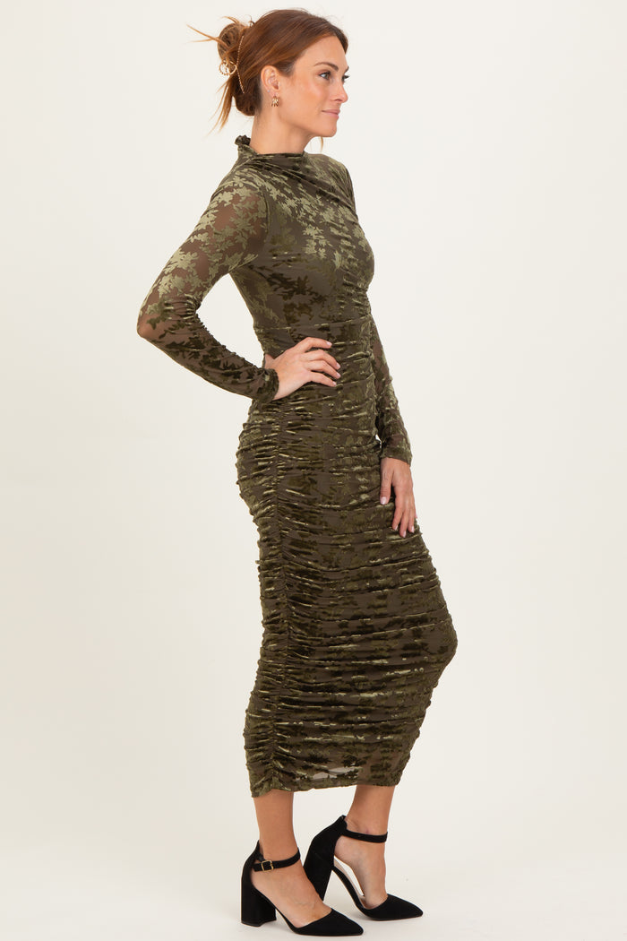 Olive Floral Velvet Mesh Ruched Midi Dress
