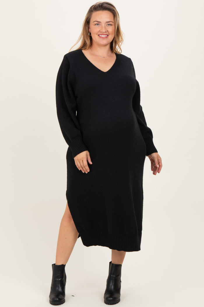 Black V-Neck Relaxed Fit Maternity Plus Sweater Dress