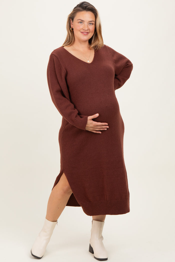 Brown V-Neck Relaxed Fit Maternity Plus Sweater Dress