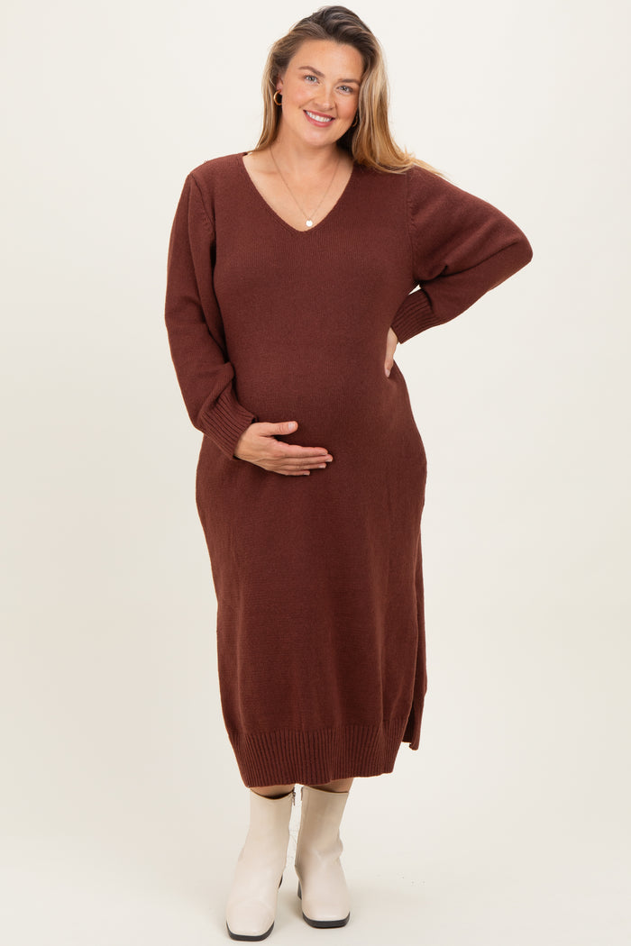 Brown V-Neck Relaxed Fit Maternity Plus Sweater Dress