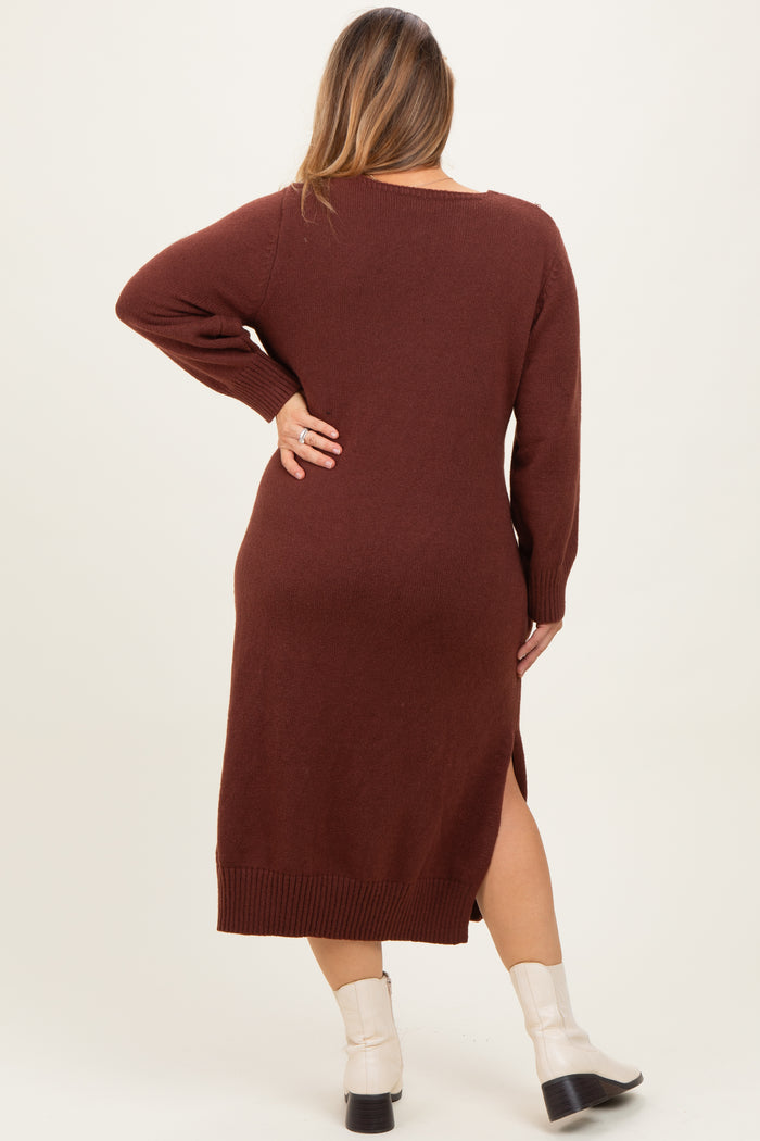 Brown V-Neck Relaxed Fit Maternity Plus Sweater Dress