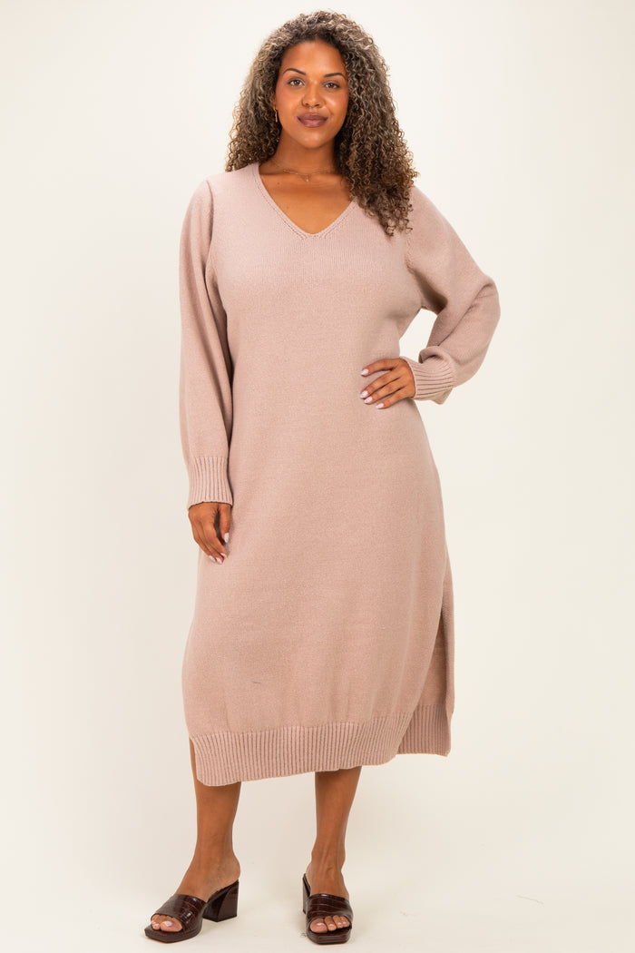 Taupe V-Neck Relaxed Fit Maternity Plus Sweater Dress