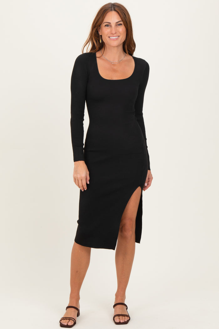 Black Knit Square Neck Slit Maternity Midi Dress