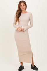 Beige Scoop Back Long Sleeve Maxi Dress