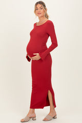Red Scoop Back Long Sleeve Maternity Maxi Dress