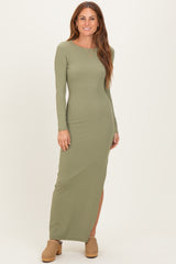 Light Olive Ribbed Long Sleeve Side Slit Maxi Dress