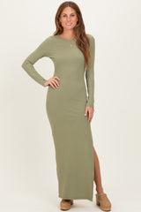 Light Olive Ribbed Long Sleeve Side Slit Maxi Dress