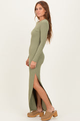 Light Olive Ribbed Long Sleeve Side Slit Maxi Dress
