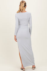 Light Grey Ribbed Long Sleeve Side Slit Maternity Maxi Dress