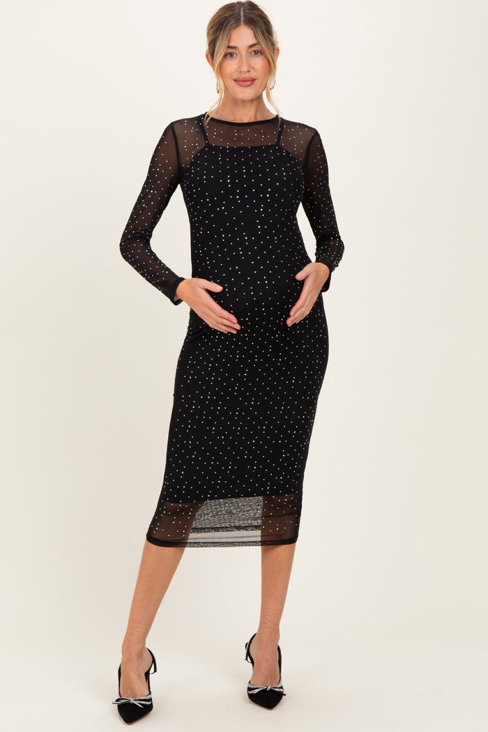 Black Rhinestone Mesh Long Sleeve Maternity Midi Dress