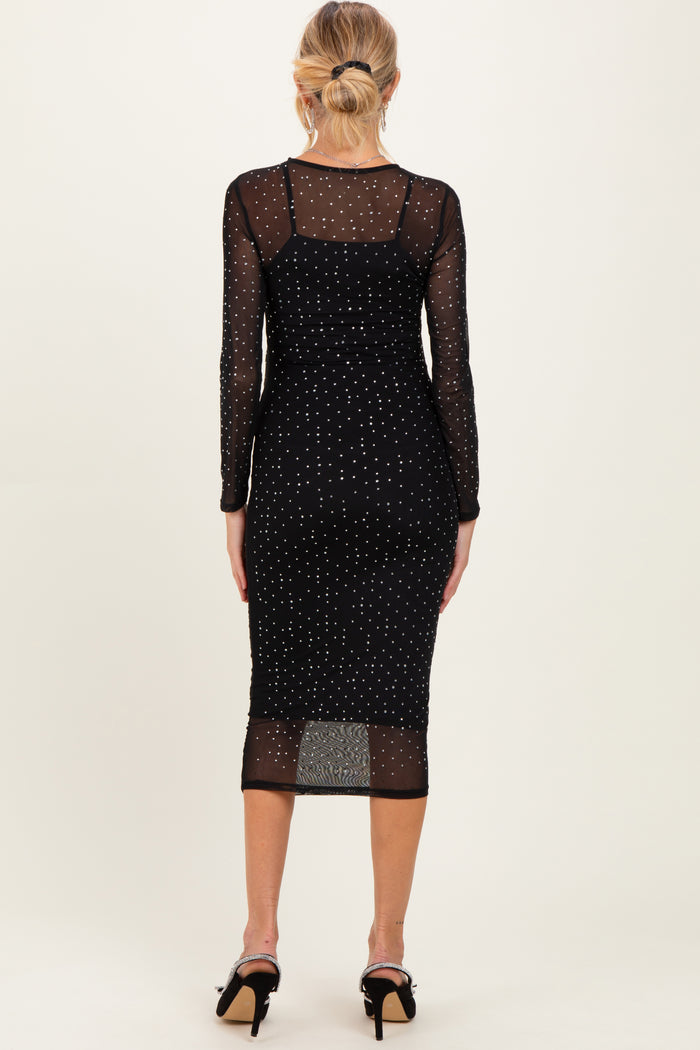 Black Rhinestone Mesh Long Sleeve Maternity Midi Dress
