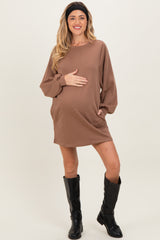 Mocha Bubble Sleeve Maternity Sweatshirt Mini Dress