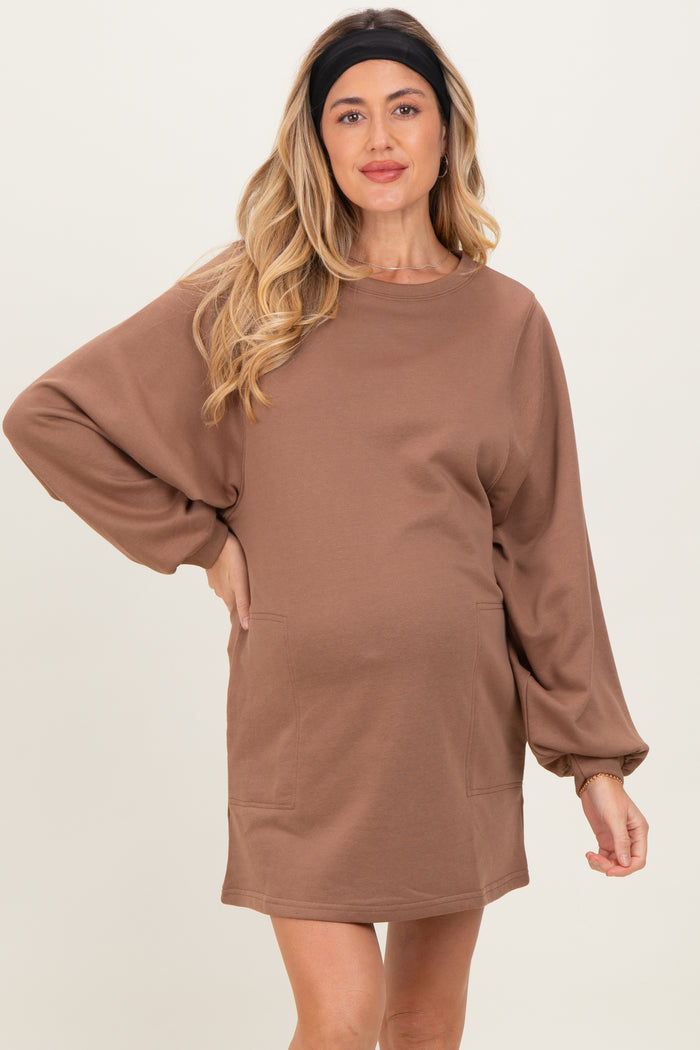 Mocha Bubble Sleeve Maternity Sweatshirt Mini Dress