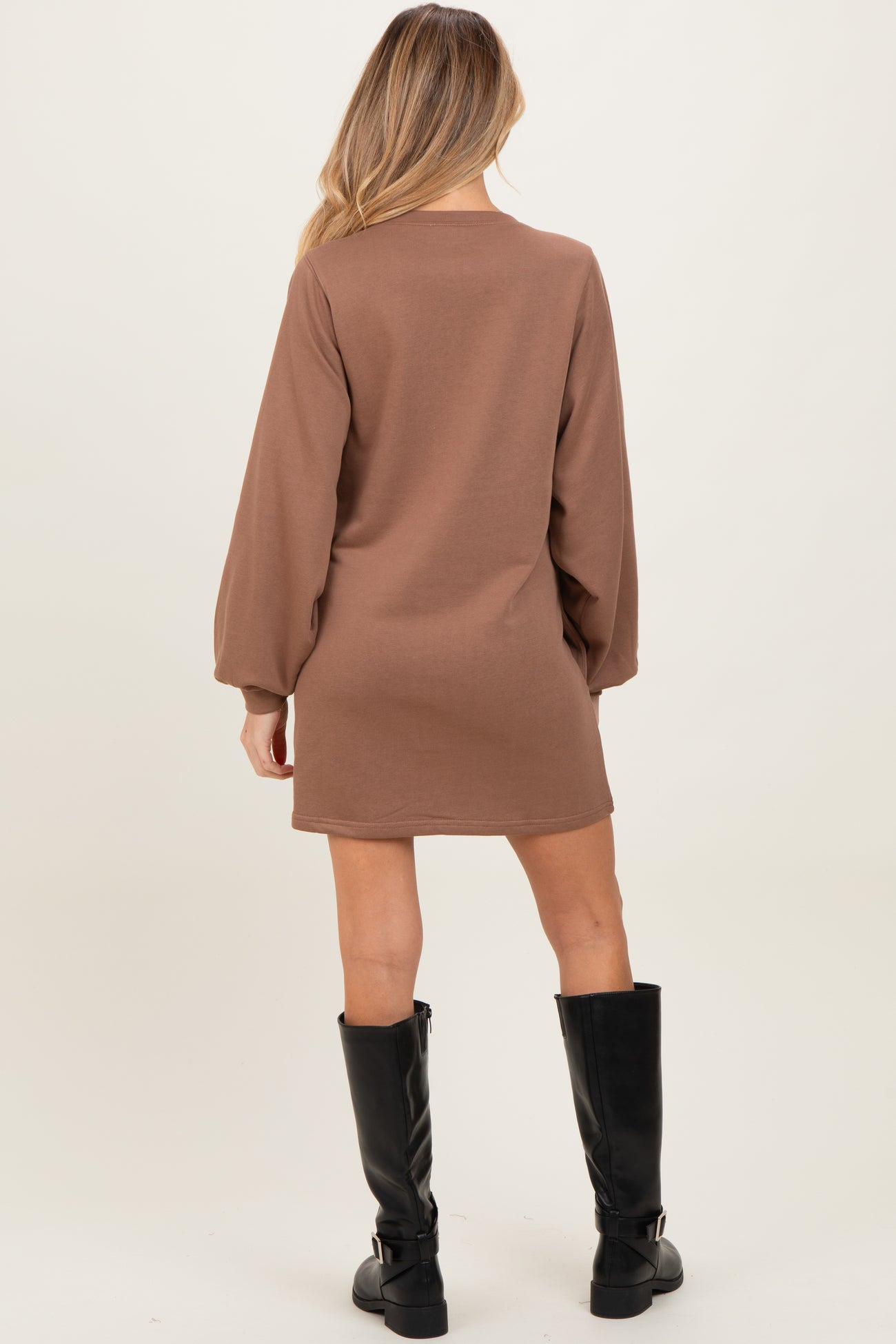 Mocha Bubble Sleeve Maternity Sweatshirt Mini Dress