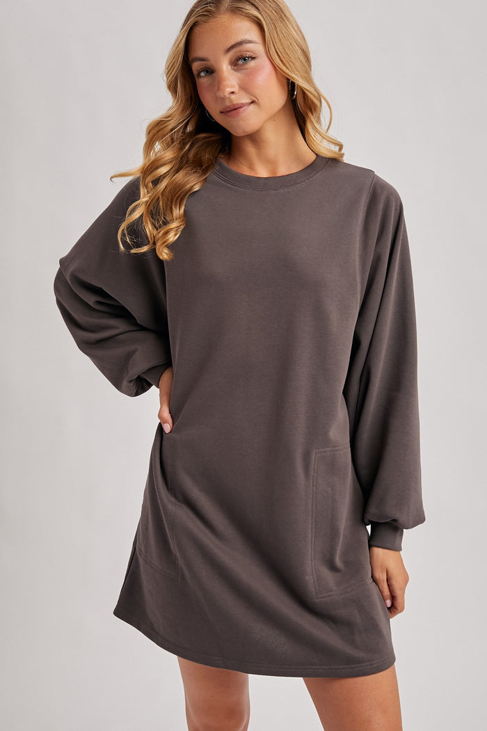 Charcoal Bubble Sleeve Maternity Sweatshirt Mini Dress