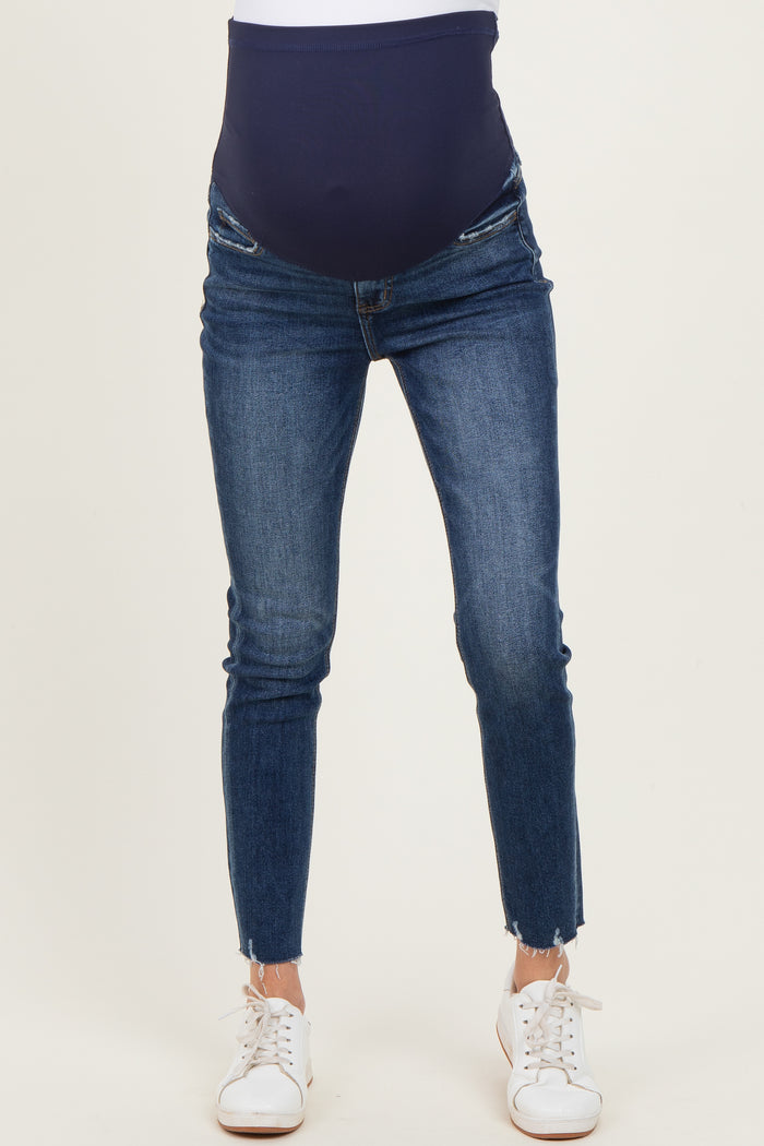 Navy Blue Raw Hem Cropped Skinny Maternity Jeans