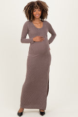 Brown Ribbed Long Sleeve Side Slit Maternity Maxi Dress