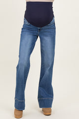 maternity wear dark blue belly panel bootcut jeans with a relaxed fit and light wash denim