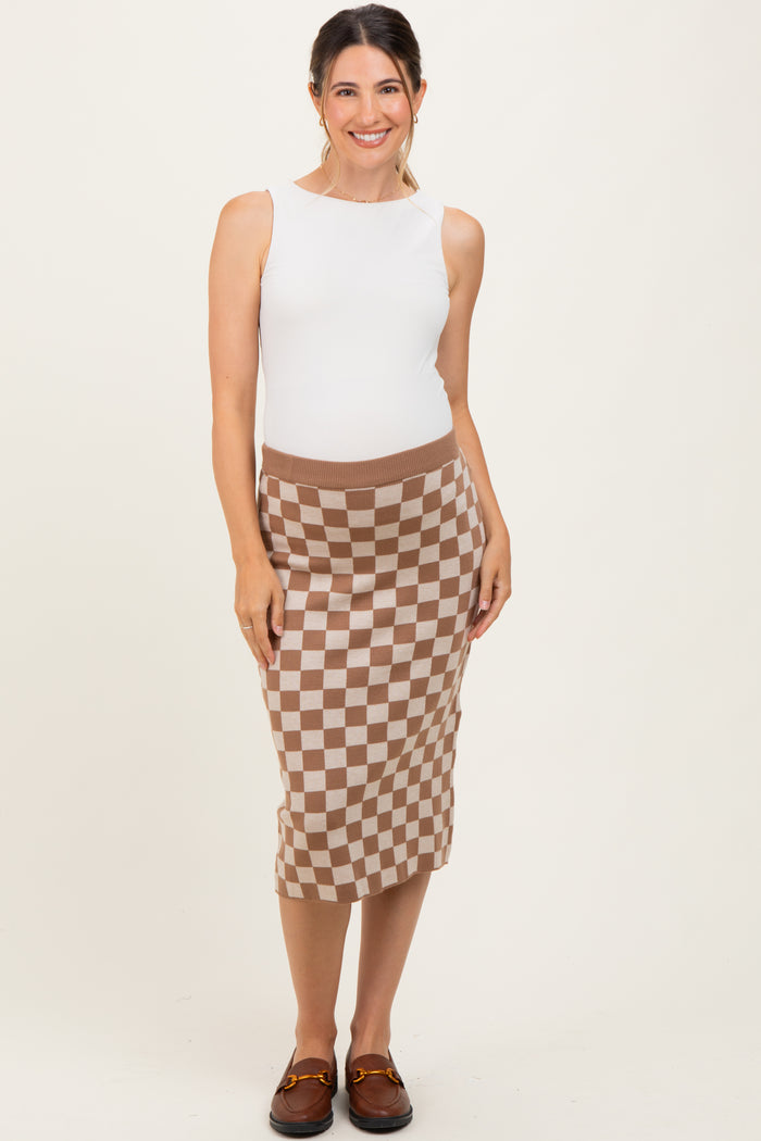 Taupe Checkered Knit Maternity Skirt