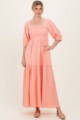 Light Pink Floral Smocked Puff Sleeve Maxi Dress