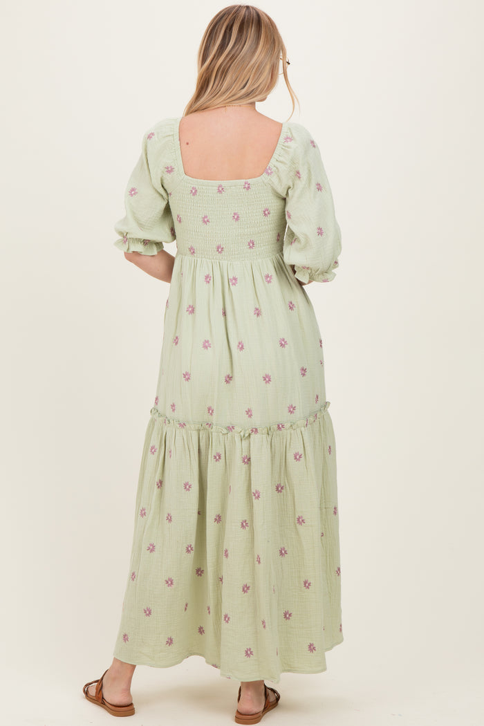 Mint Floral Smocked Puff Sleeve Maxi Dress