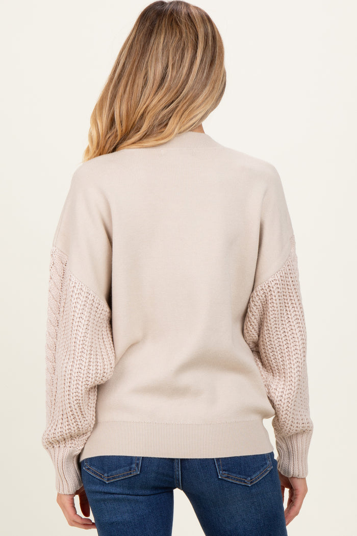 Beige Cable Knit Sleeve Round Neck Maternity Sweater
