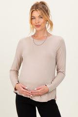 Taupe Flowy Round Hem Maternity Long Sleeve Top
