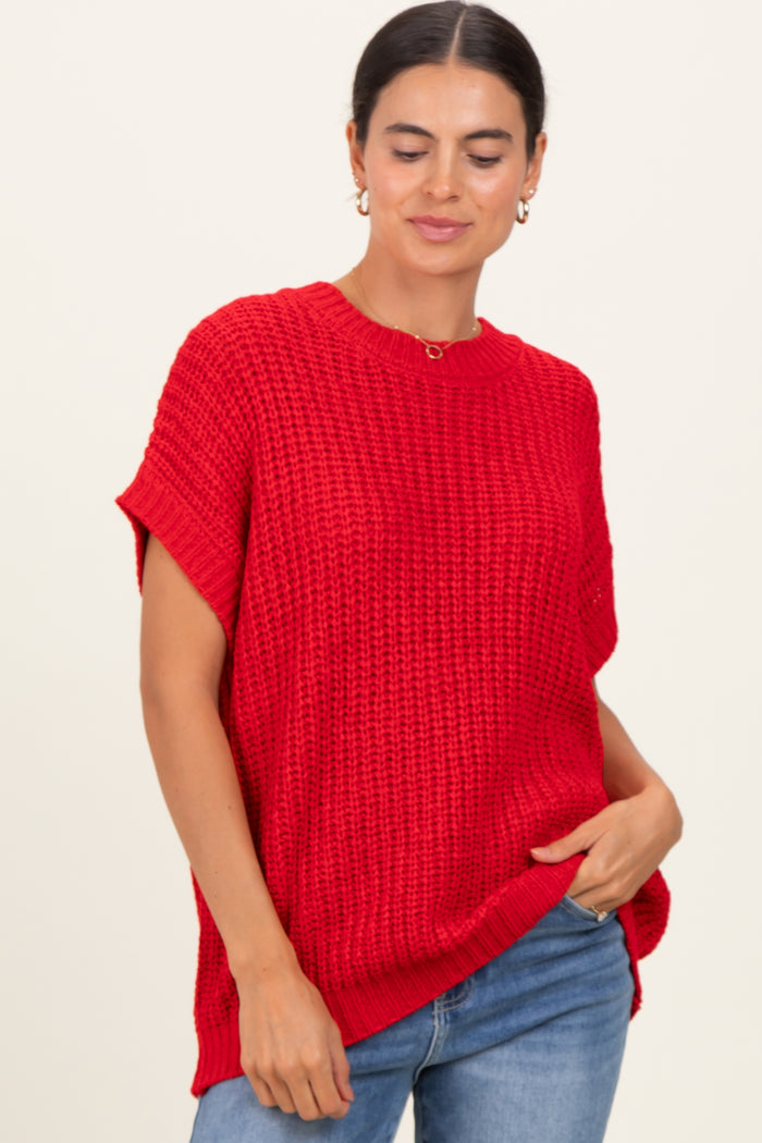 Red Short Sleeve Round Neck Maternity Sweater