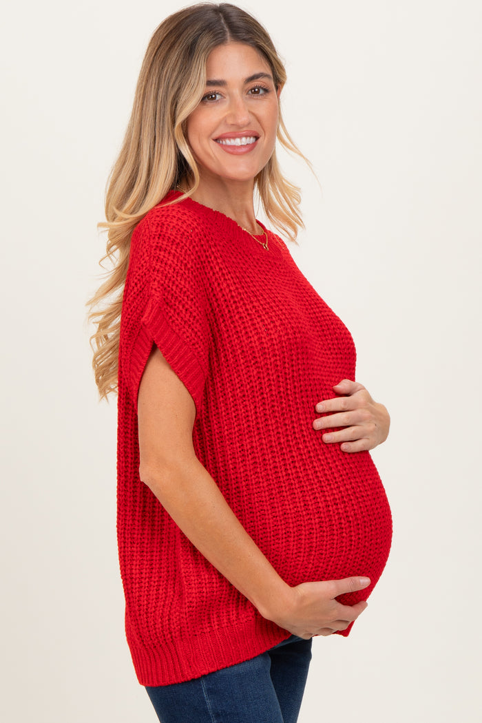 Red Short Sleeve Round Neck Maternity Sweater