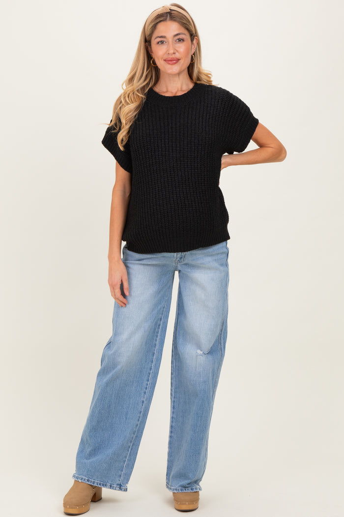 Black Short Sleeve Round Neck Maternity Sweater
