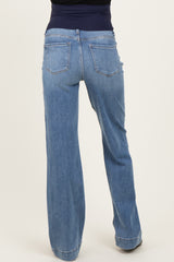 maternity wear light blue wide leg jeans shown from the back, featuring a high waist and pockets