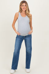 Navy Distressed Fringe Hem Wide Leg Maternity Jeans