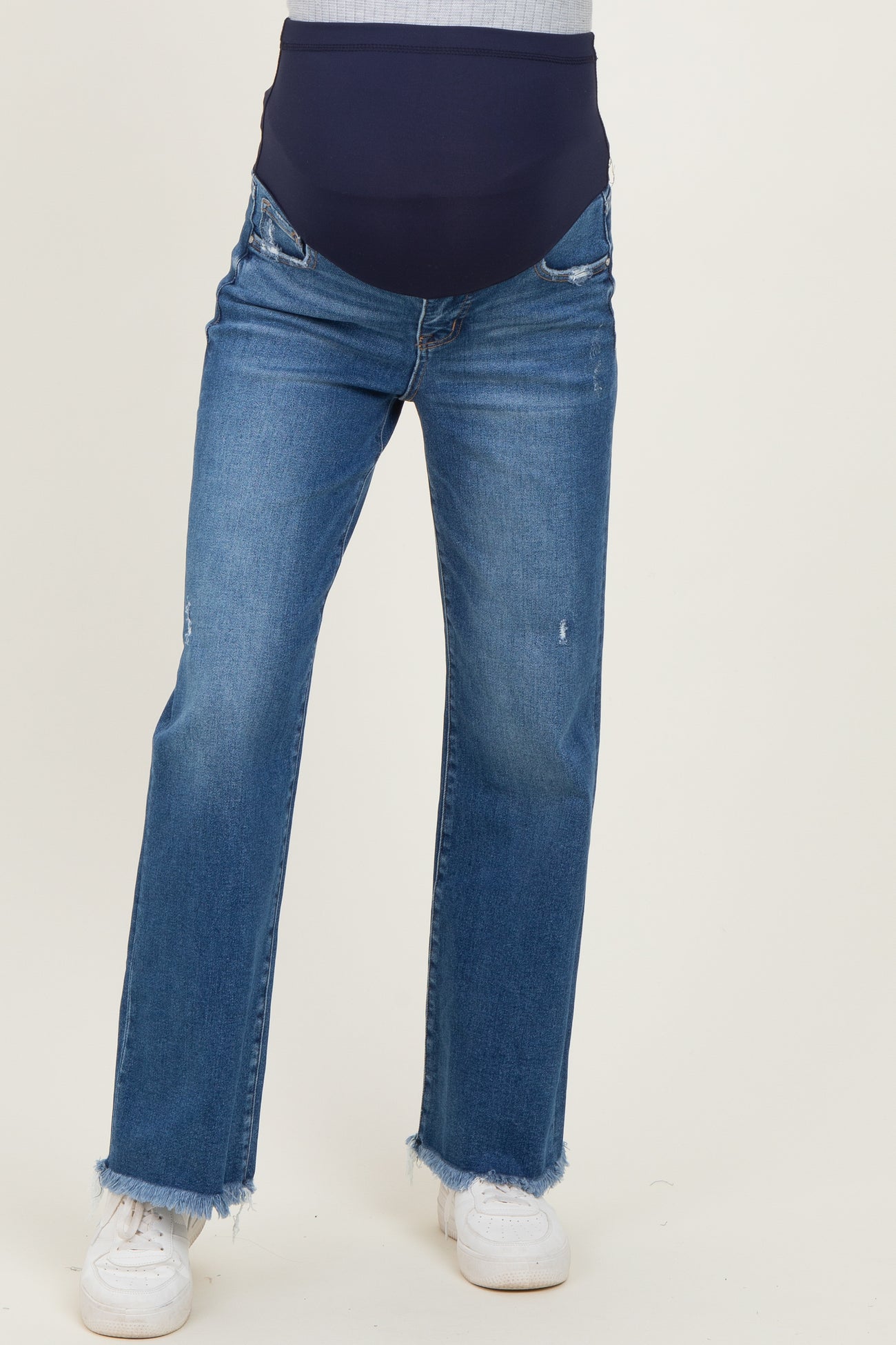 Navy Distressed Fringe Hem Wide Leg Maternity Jeans
