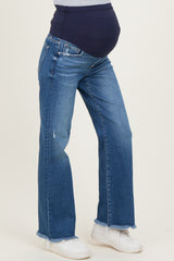Navy Distressed Fringe Hem Wide Leg Maternity Jeans