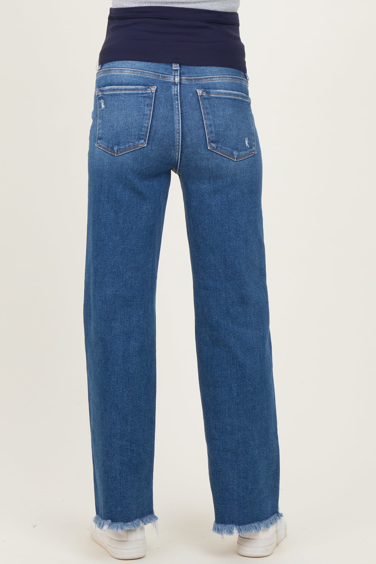 Navy Distressed Fringe Hem Wide Leg Maternity Jeans