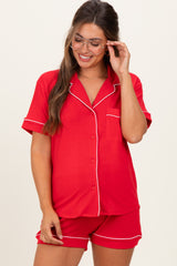 Red Short Sleeve Button Down Shirt Shorts Maternity Set