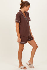 Brown Short Sleeve Button Down Shirt Shorts Set