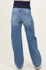 maternity wear wide-leg blue jeans with an elastic navy waistband, shown from the back