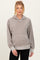 woman wearing a gray maternity hoodie with a front pocket and a relaxed fit
