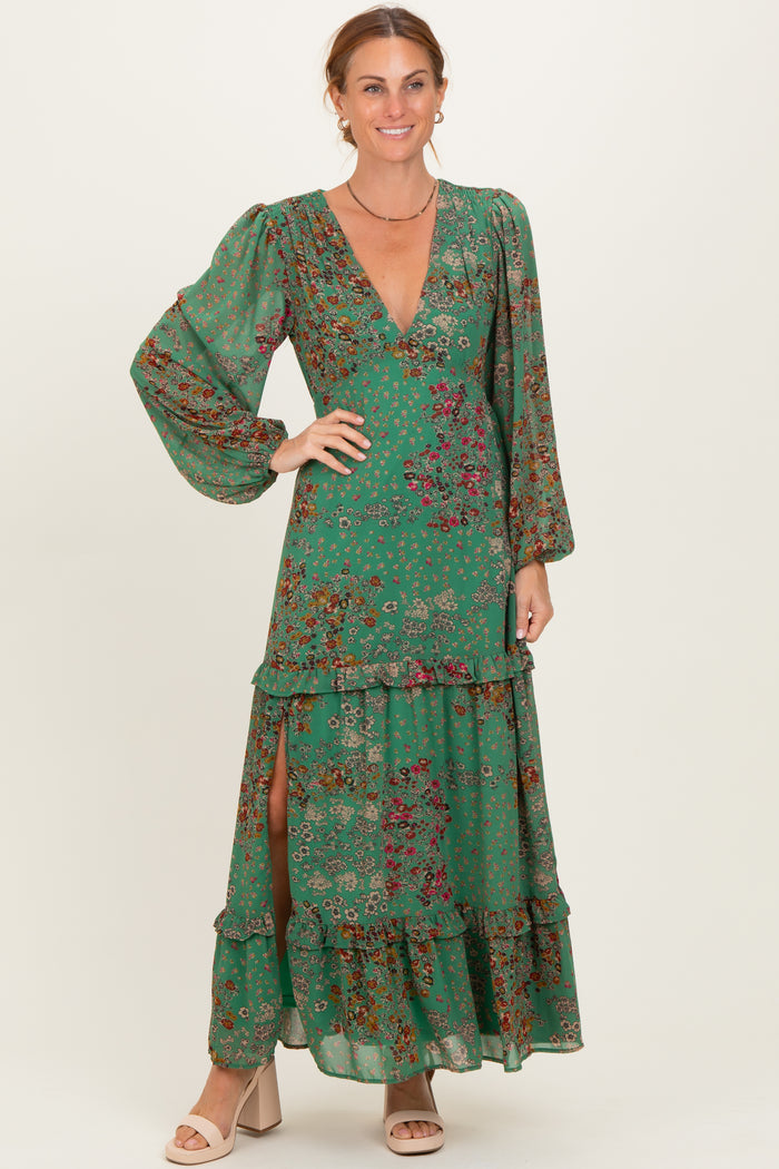 Green Floral Chiffon V-Neck Long Sleeve Maternity Maxi Dress