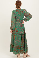 Green Floral Chiffon V-Neck Long Sleeve Maxi Dress