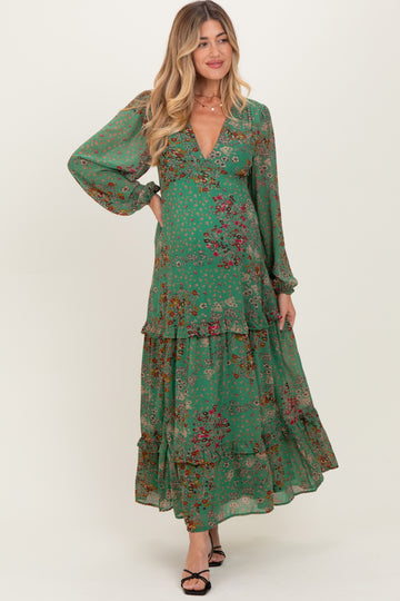 Green Floral Chiffon V-Neck Long Sleeve Maternity Maxi Dress