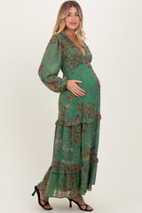 Green Floral Chiffon V-Neck Long Sleeve Maternity Maxi Dress