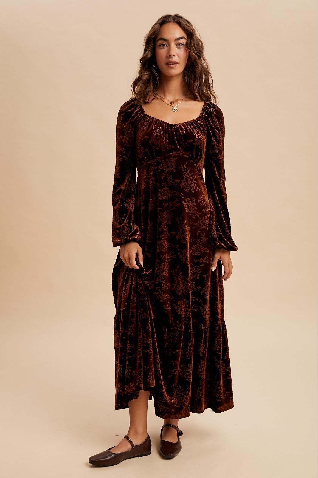 Brown Velvet Jacquard Floral Maternity Maxi Dress
