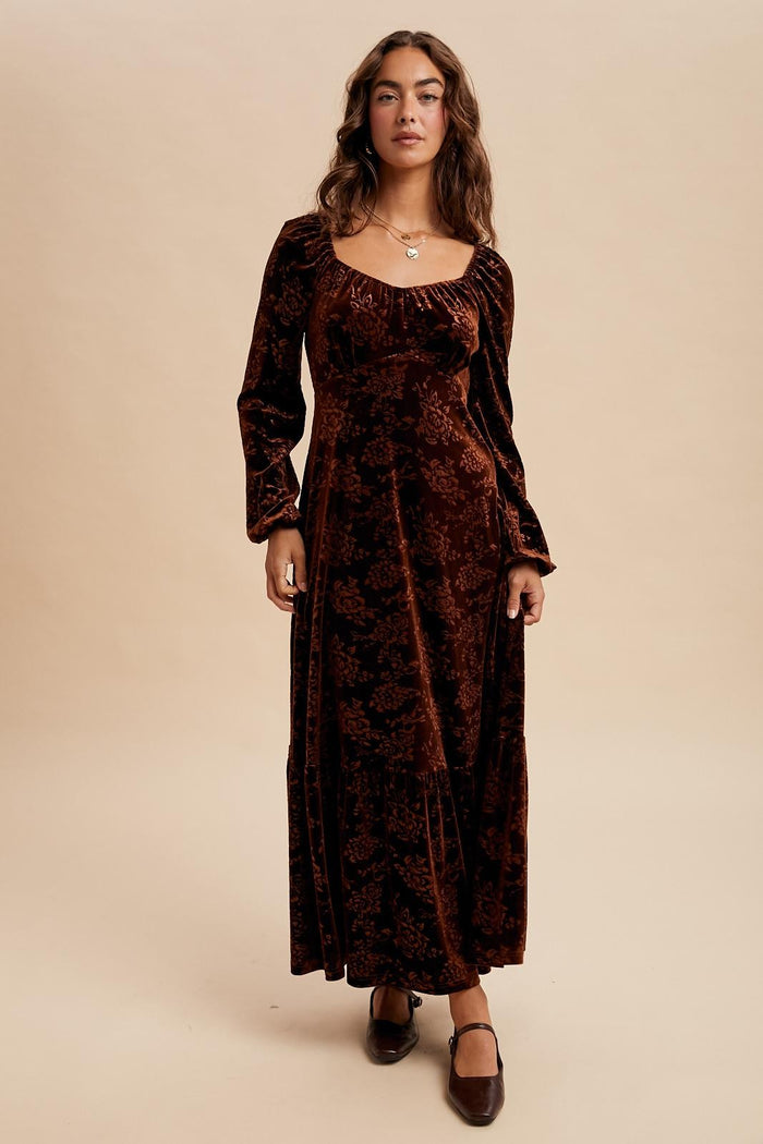 Brown Velvet Jacquard Floral Maxi Dress