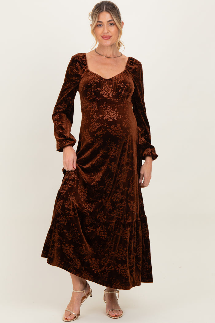 Brown Velvet Jacquard Floral Maternity Maxi Dress